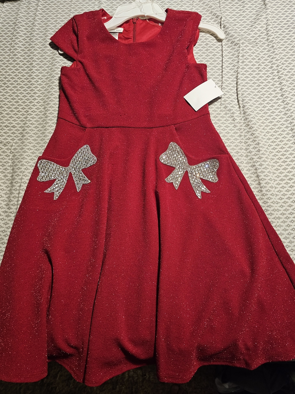 Bonnie Jean Red Sparkle Party Dress with Silver Bow Appliqués